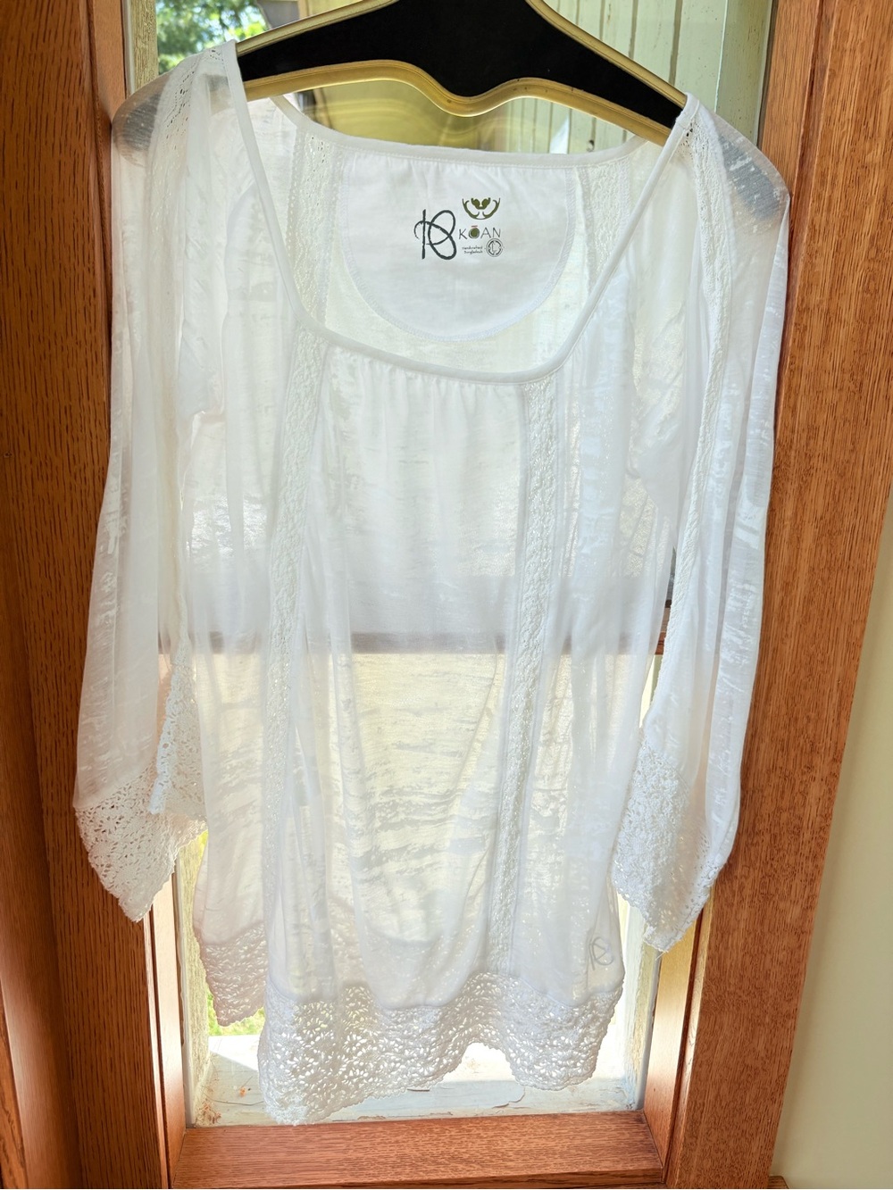 KOAN Organic Top White Sheer Burnout Boho Crochet Lace Trim Tunic Beach Coverup